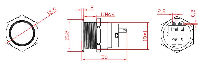 19mm Momentary Latching Waterproof IP67 1NO1NC Flat Head Metal Push Button with 3Pin Terminal No Light Drawing 19mm Momentary Latching Waterproof IP67 1NO1NC Flat Head Metal Push Button with 3Pin Terminal No Light Drawing